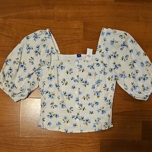 Puff Sleeve Linen Blend Floral Top Size Small Tall